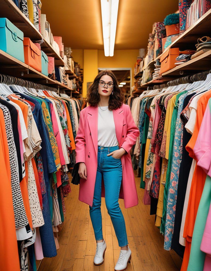 A chic and stylish person browsing through a colorful thrift store filled with vintage clothes and trendy accessories, surrounded by racks of unique fashion items. The atmosphere is vibrant, showcasing eclectic patterns and textures, with a playful mix of fashion magazines and thrifted treasures. A bold fashion statement is visible, demonstrating the art of smart spending. super-realistic. vibrant colors. modern style.