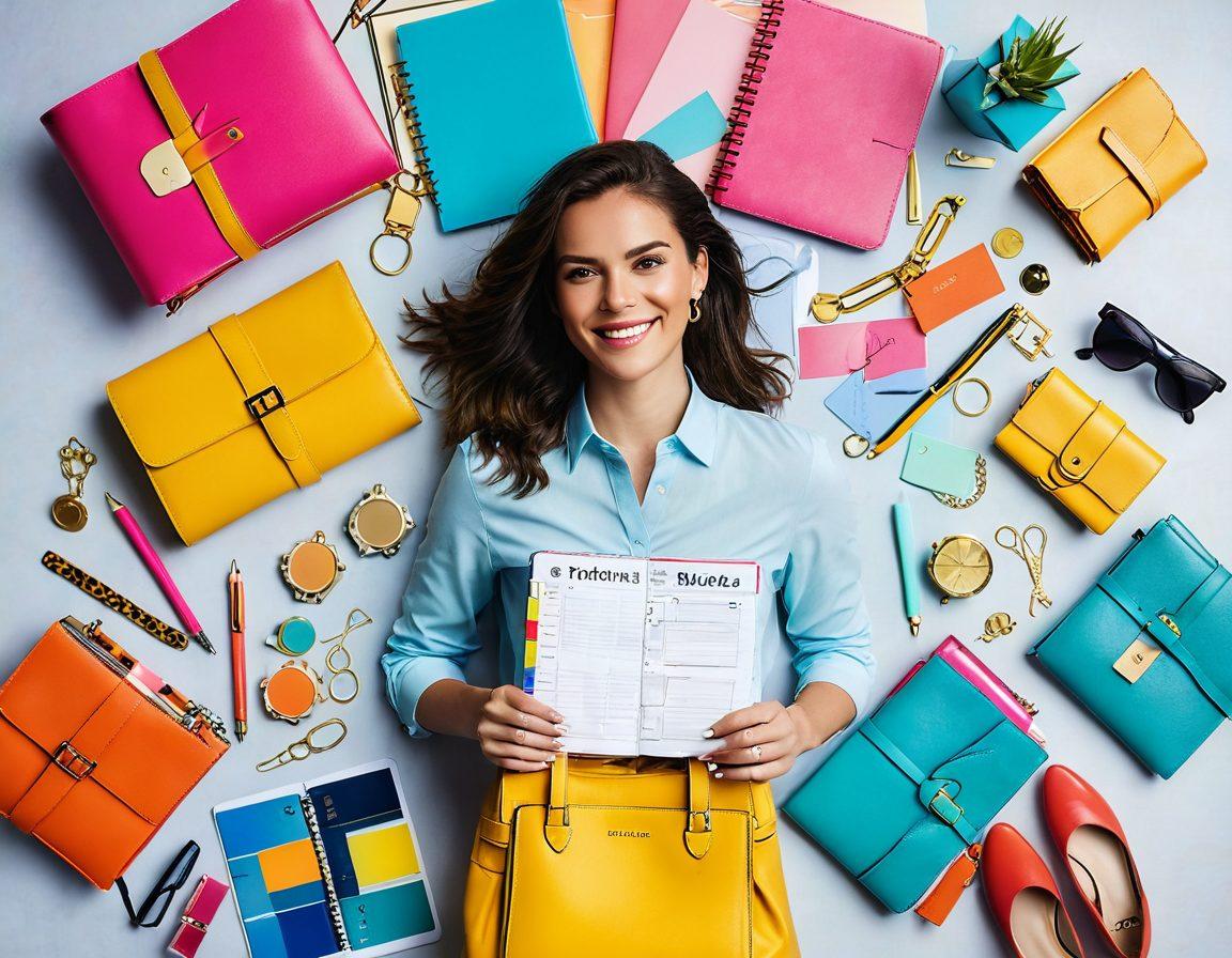 A stylish woman joyfully managing her budget with a colorful planner and fashionable accessories laid out on a chic desk. Include trendy clothing items like handbags and shoes in the background, symbolizing the intersection of fashion and finance. Bright, bold colors to convey a feel of confidence and empowerment. flat lay design. vibrant colors. cheerful atmosphere.