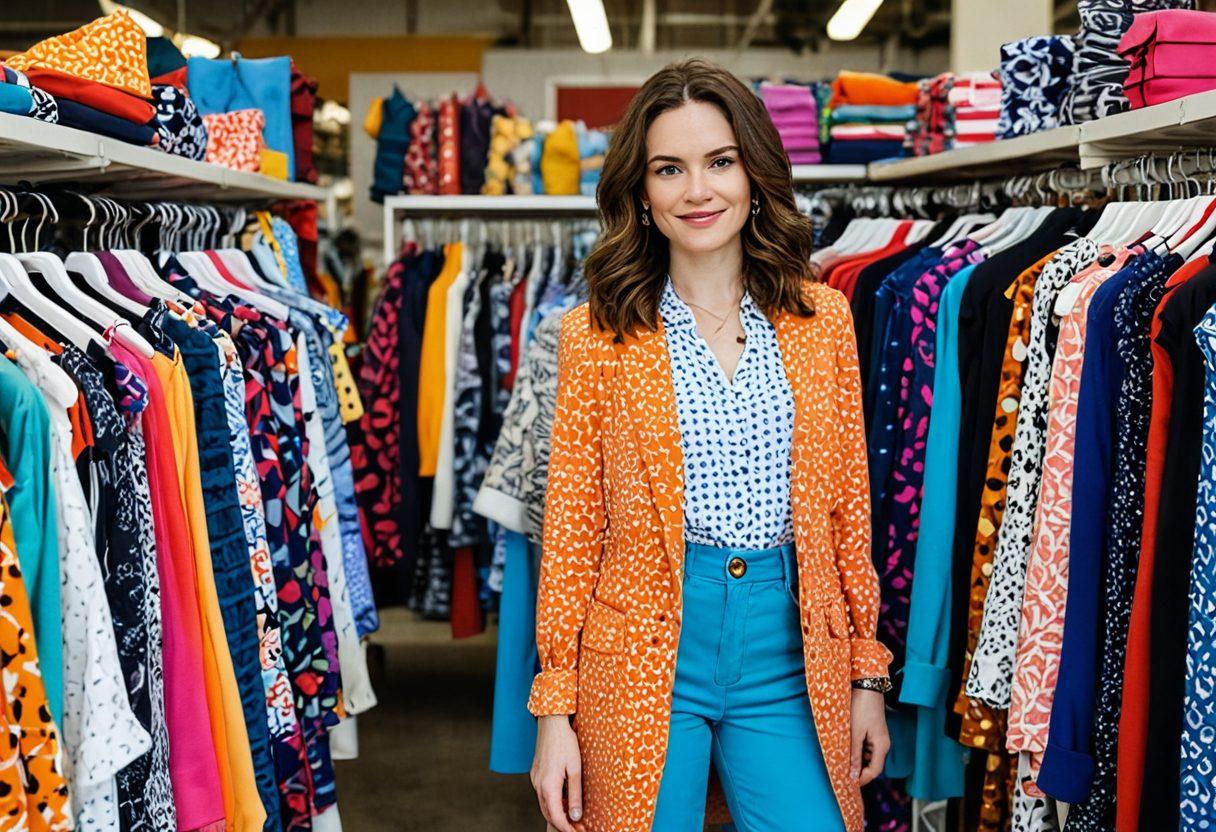 A stylish woman confidently showcasing a vibrant thrifted outfit, surrounded by colorful clothing racks and accessories. Include hints of smart budgeting like price tags and a small calculator nearby, with a playful yet chic background of a trendy thrift store. Capture the essence of affordable fashion mixed with a sense of whimsy and fun. super-realistic. vibrant colors. bright and inviting atmosphere.
